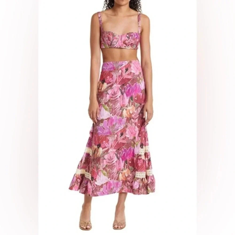NWOT Isla & White Cotton Linen Blend Floral Berta Skirt -